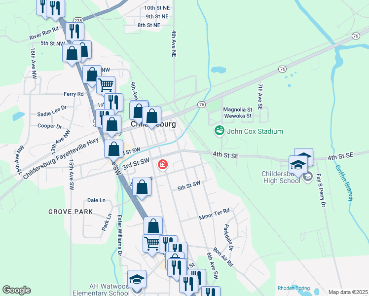 map of restaurants, bars, coffee shops, grocery stores, and more near 65 Graves Avenue in Childersburg