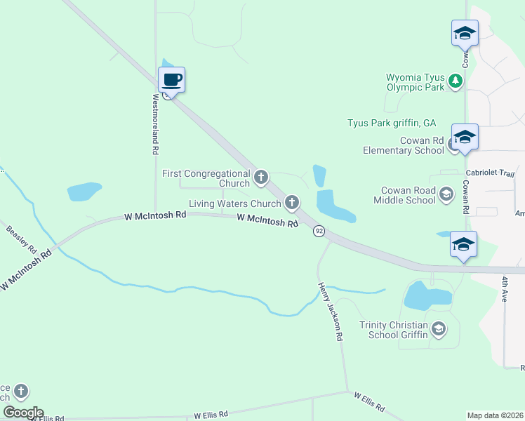 map of restaurants, bars, coffee shops, grocery stores, and more near 2333 West McIntosh Road in Griffin