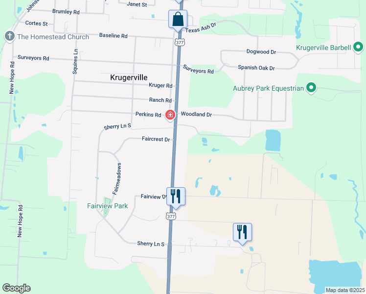 map of restaurants, bars, coffee shops, grocery stores, and more near 5080 U.S. 377 in Krugerville