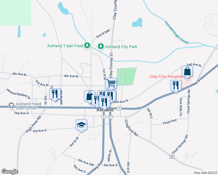 map of restaurants, bars, coffee shops, grocery stores, and more near 173 County Road 31 in Ashland