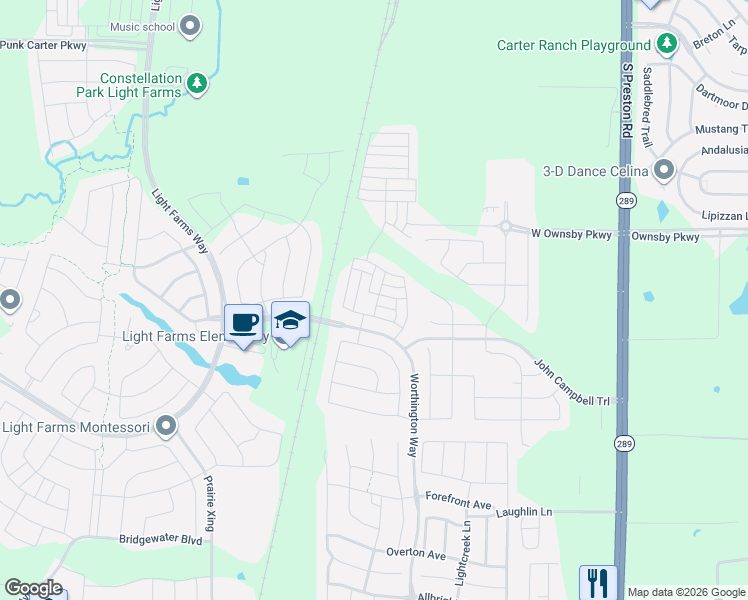 map of restaurants, bars, coffee shops, grocery stores, and more near 3553 West Cheney Avenue in Prosper