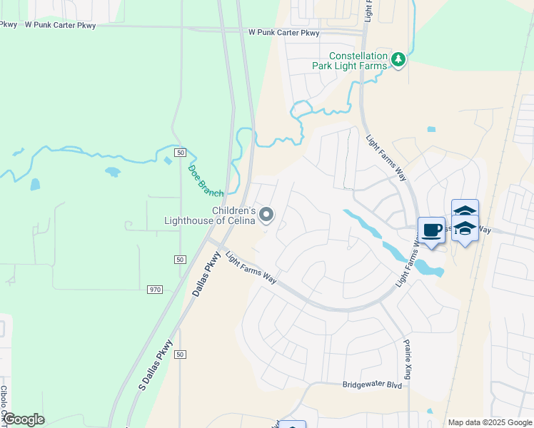 map of restaurants, bars, coffee shops, grocery stores, and more near 3420 South Dallas Parkway in Celina