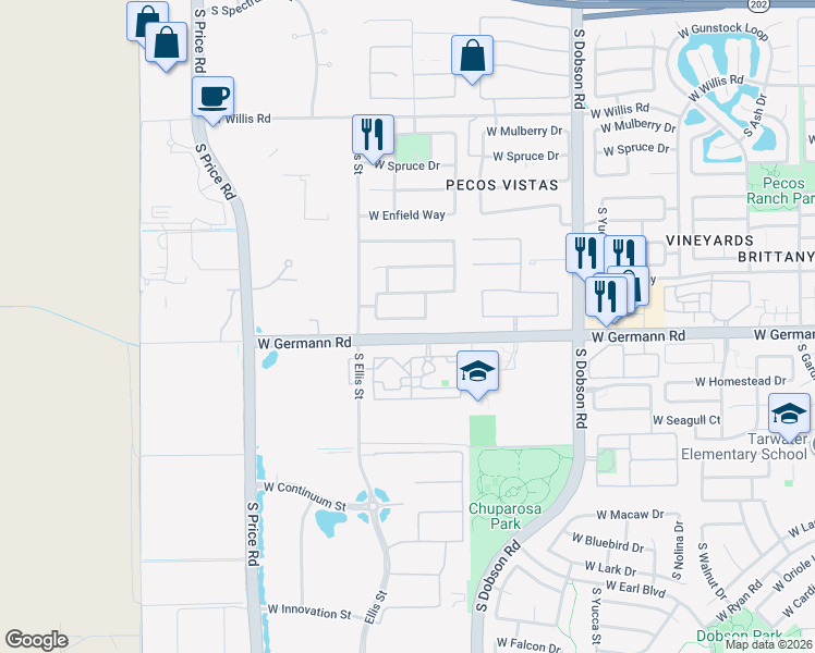 map of restaurants, bars, coffee shops, grocery stores, and more near 2652 West Germann Road in Chandler