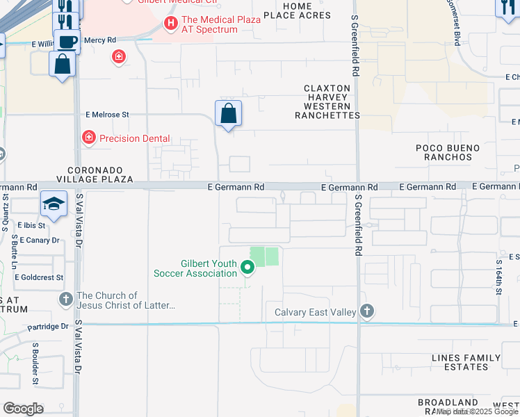 map of restaurants, bars, coffee shops, grocery stores, and more near 2115 East Warbler Road in Gilbert