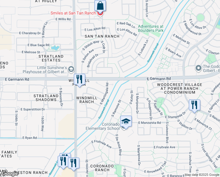 map of restaurants, bars, coffee shops, grocery stores, and more near 4095 South Martingale Road in Gilbert