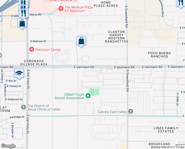 map of restaurants, bars, coffee shops, grocery stores, and more near 2115 East Warbler Road in Gilbert