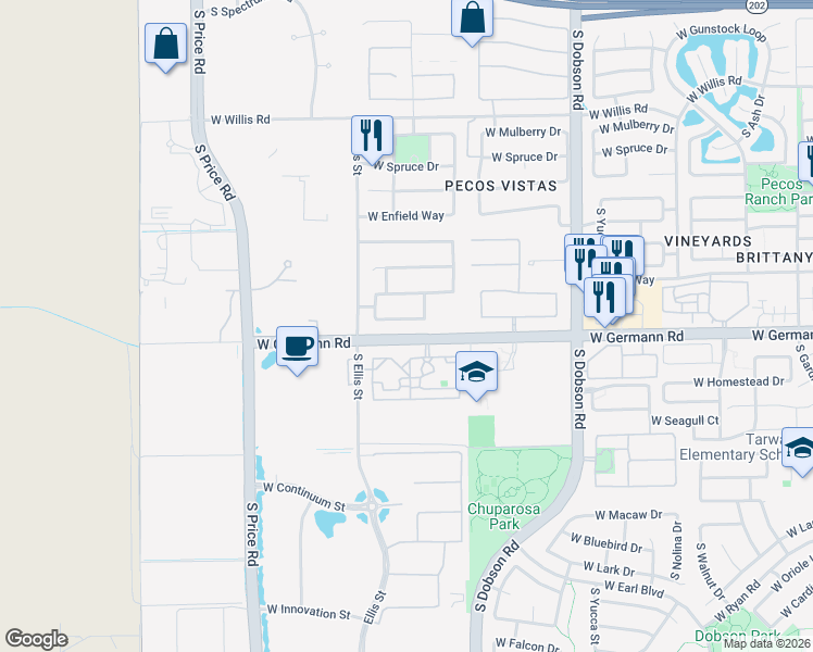 map of restaurants, bars, coffee shops, grocery stores, and more near 2652 West Germann Road in Chandler