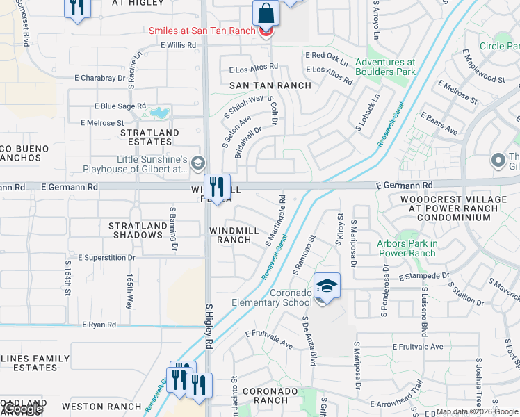 map of restaurants, bars, coffee shops, grocery stores, and more near 3367 East Chickadee Road in Gilbert