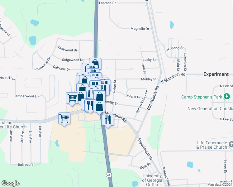 map of restaurants, bars, coffee shops, grocery stores, and more near 1710 Ridge Street in Griffin