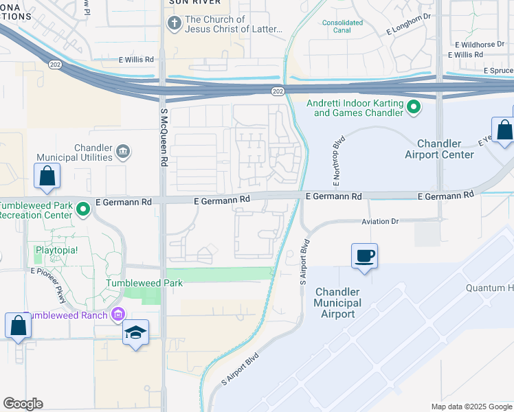 map of restaurants, bars, coffee shops, grocery stores, and more near 1441 East Germann Road in Chandler