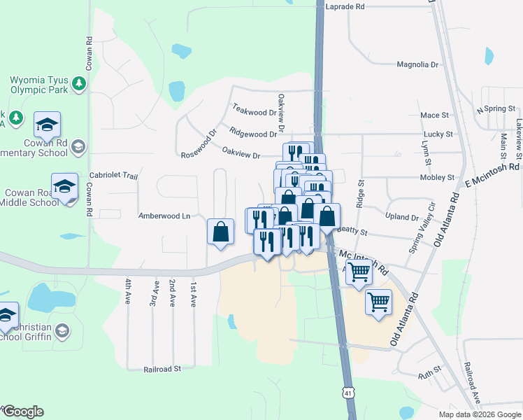 map of restaurants, bars, coffee shops, grocery stores, and more near 1597 West McIntosh Road in Griffin