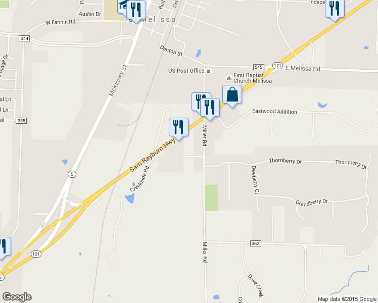map of restaurants, bars, coffee shops, grocery stores, and more near 2138 Calhar Dr in Melissa