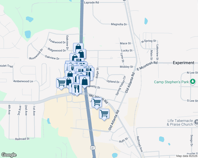 map of restaurants, bars, coffee shops, grocery stores, and more near 1710 Ridge Street in Griffin