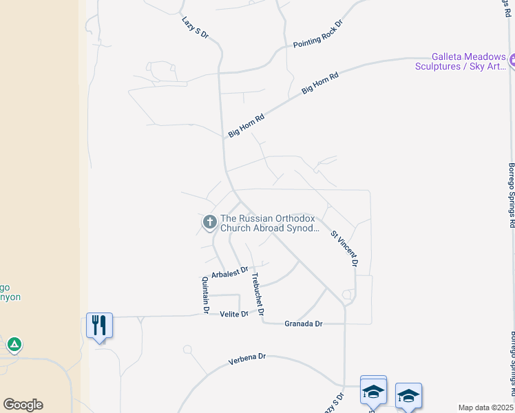 map of restaurants, bars, coffee shops, grocery stores, and more near Lazy S Drive in Borrego Springs