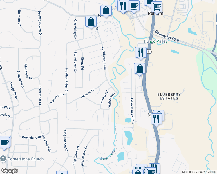 map of restaurants, bars, coffee shops, grocery stores, and more near 540 Walker Road in Pelham