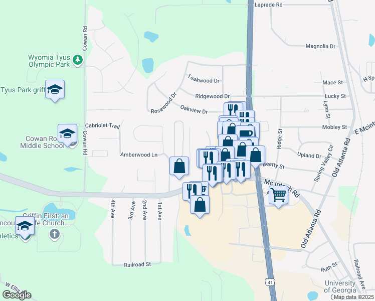 map of restaurants, bars, coffee shops, grocery stores, and more near 1633 Hallmark Hills Drive in Griffin