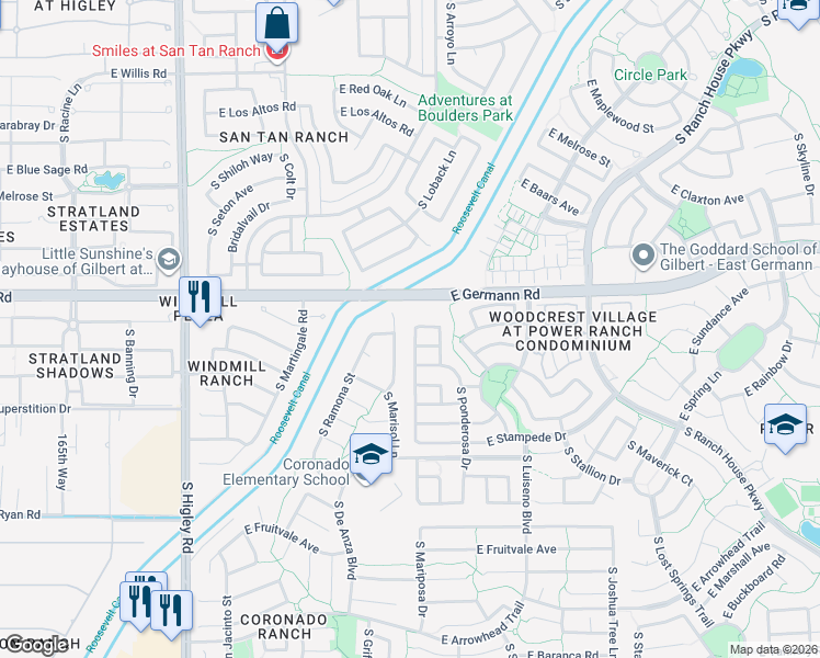 map of restaurants, bars, coffee shops, grocery stores, and more near 4072 South Mariposa Drive in Gilbert