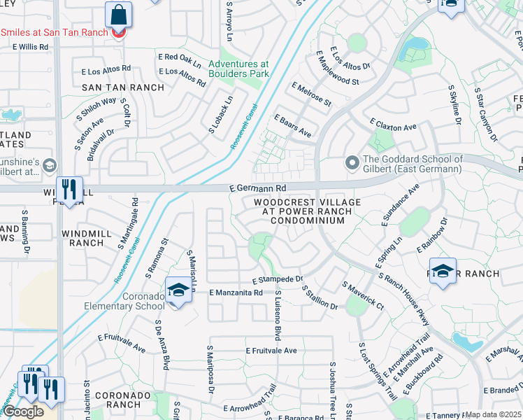 map of restaurants, bars, coffee shops, grocery stores, and more near 3771 East Sebastian Lane in Gilbert
