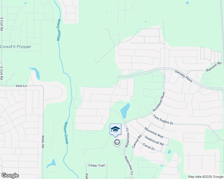 map of restaurants, bars, coffee shops, grocery stores, and more near Waterview Trail in Prosper