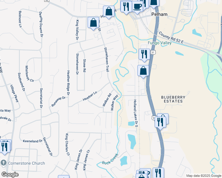 map of restaurants, bars, coffee shops, grocery stores, and more near 531 Walker Road in Pelham