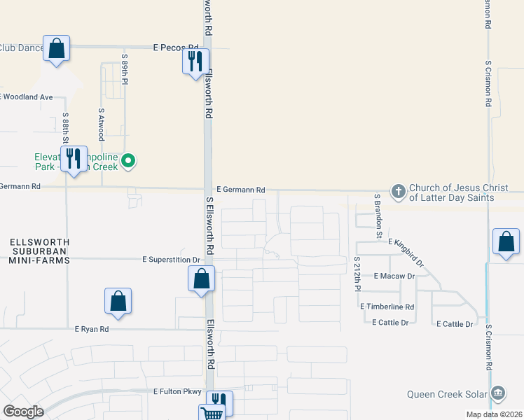 map of restaurants, bars, coffee shops, grocery stores, and more near 20959 East Swan Drive in Queen Creek