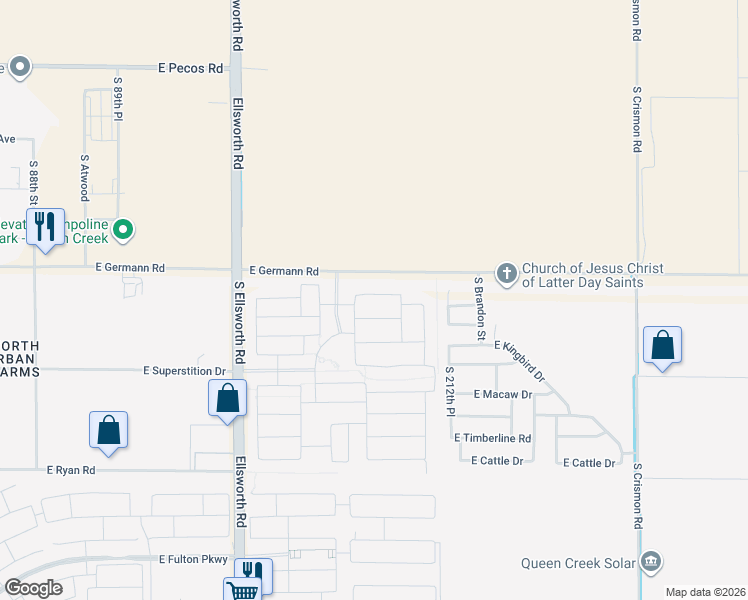 map of restaurants, bars, coffee shops, grocery stores, and more near 21076 East Swan Drive in Queen Creek
