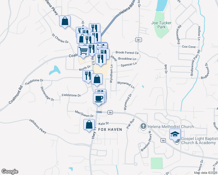 map of restaurants, bars, coffee shops, grocery stores, and more near 1068 Wyndham Lane in Helena