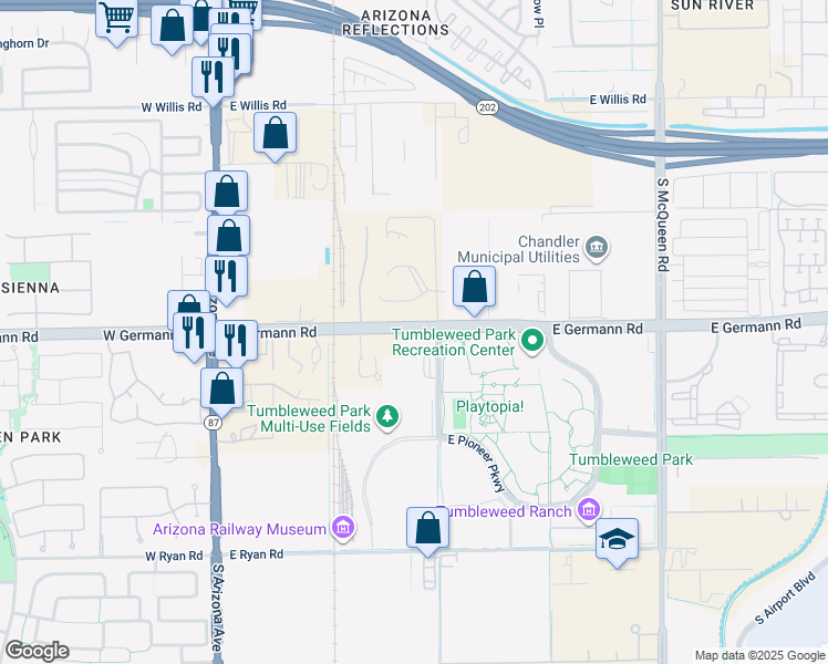 map of restaurants, bars, coffee shops, grocery stores, and more near 445 East Germann Road in Chandler