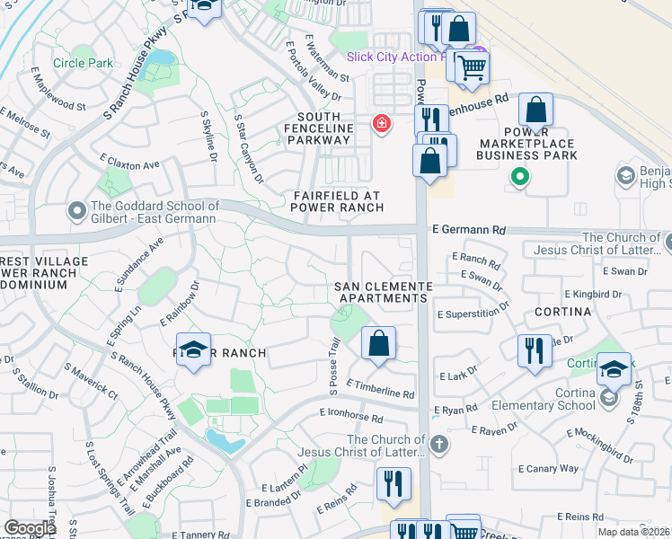 map of restaurants, bars, coffee shops, grocery stores, and more near 4615 East Sundance Avenue in Gilbert