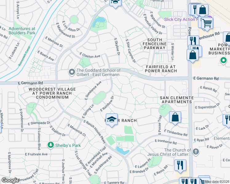 map of restaurants, bars, coffee shops, grocery stores, and more near 4297 East Rainbow Drive in Gilbert