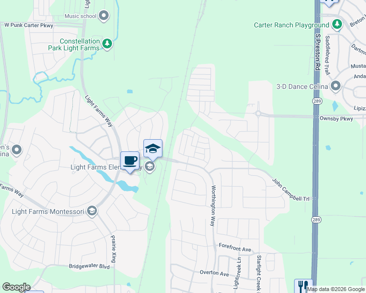 map of restaurants, bars, coffee shops, grocery stores, and more near 3553 West Cheney Avenue in Prosper
