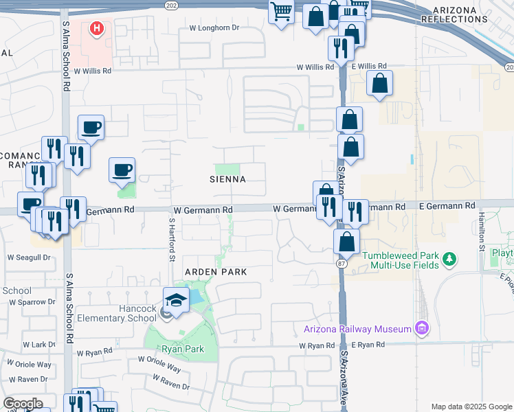 map of restaurants, bars, coffee shops, grocery stores, and more near 314 West Germann Road in Chandler