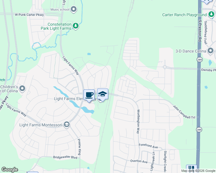 map of restaurants, bars, coffee shops, grocery stores, and more near 3524 Crescent Lane in Prosper