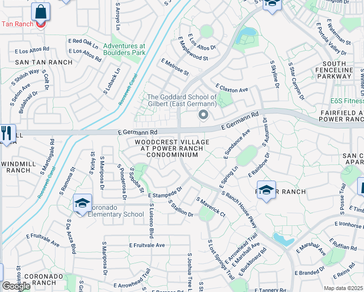 map of restaurants, bars, coffee shops, grocery stores, and more near 4055 South Ranch House Parkway in Gilbert