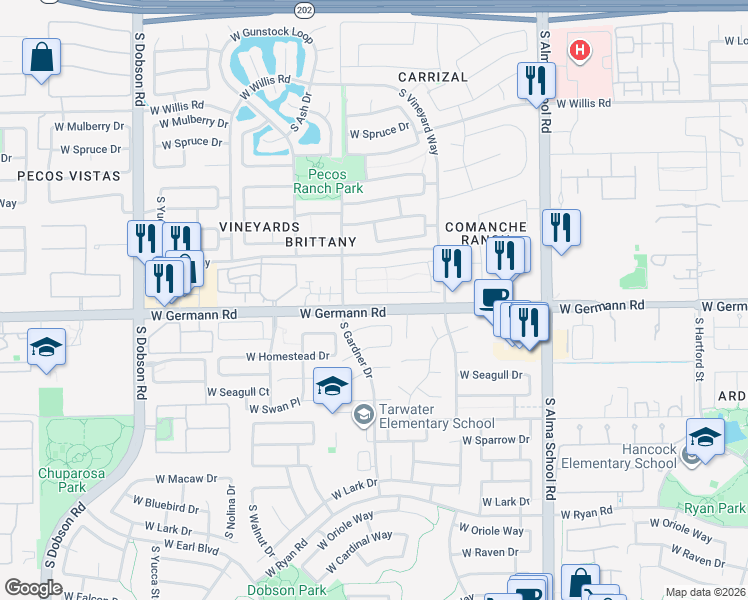 map of restaurants, bars, coffee shops, grocery stores, and more near 1408 West Flamingo Drive in Chandler