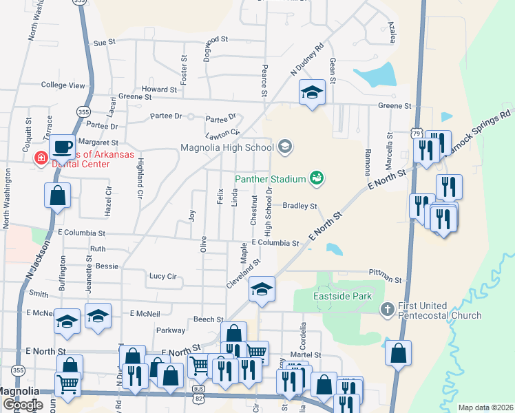 map of restaurants, bars, coffee shops, grocery stores, and more near 1103 Chestnut in Magnolia