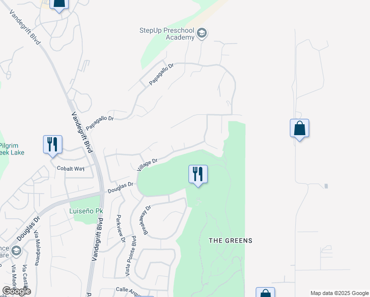 map of restaurants, bars, coffee shops, grocery stores, and more near Village Drive & Crows Nest Court in Oceanside
