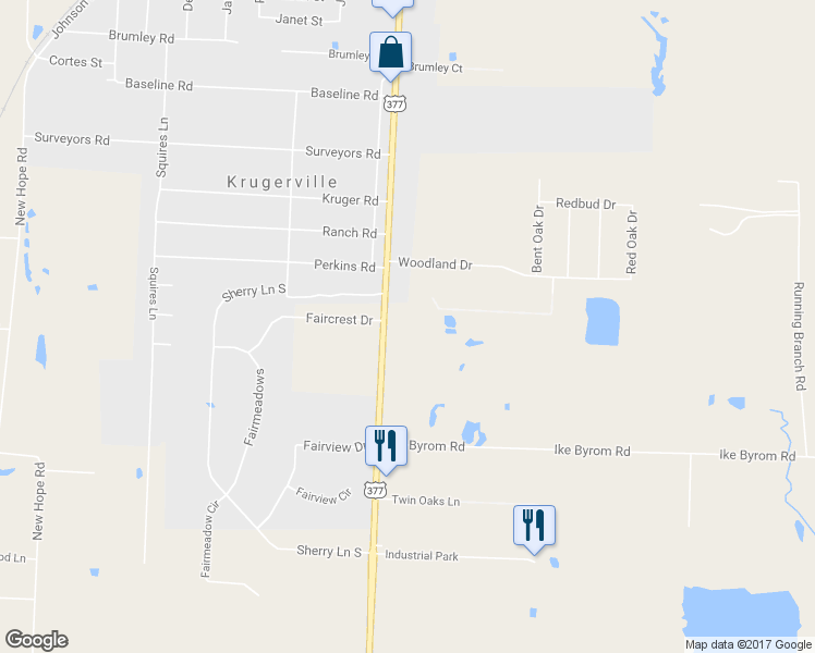 map of restaurants, bars, coffee shops, grocery stores, and more near 5080 U.S. 377 in Krugerville