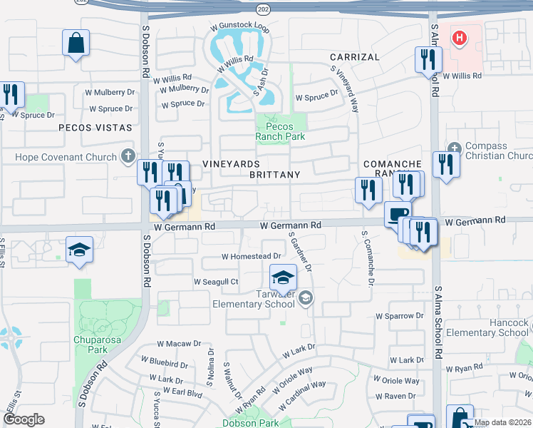 map of restaurants, bars, coffee shops, grocery stores, and more near 1930 South Sycamore Place in Chandler