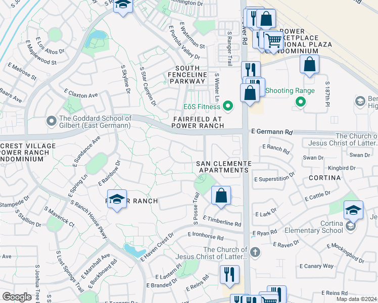 map of restaurants, bars, coffee shops, grocery stores, and more near 4583 East Sundance Avenue in Gilbert