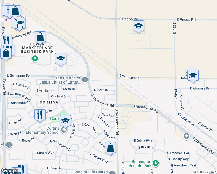 map of restaurants, bars, coffee shops, grocery stores, and more near 19155 East Pelican Drive in Queen Creek