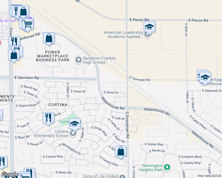 map of restaurants, bars, coffee shops, grocery stores, and more near 19059 East Pelican Drive in Queen Creek