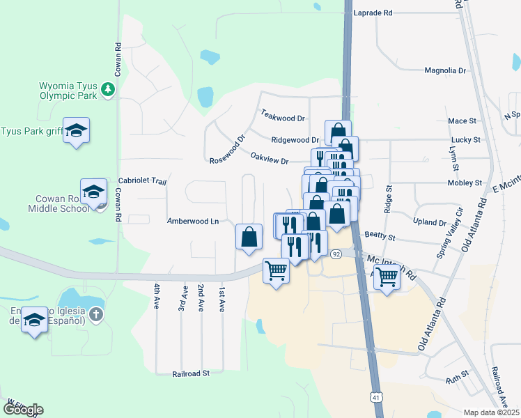 map of restaurants, bars, coffee shops, grocery stores, and more near 1637 Hallmark Hills Drive in Griffin