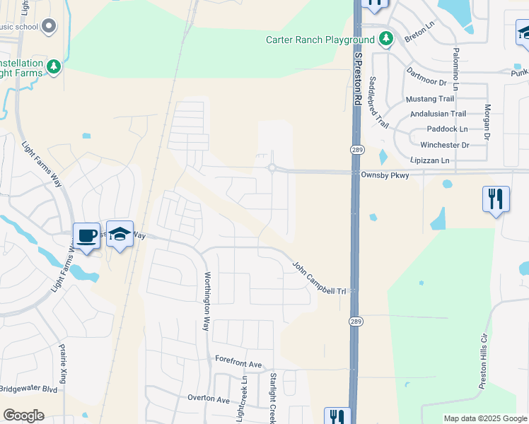 map of restaurants, bars, coffee shops, grocery stores, and more near 3055 South Preston Road in Celina