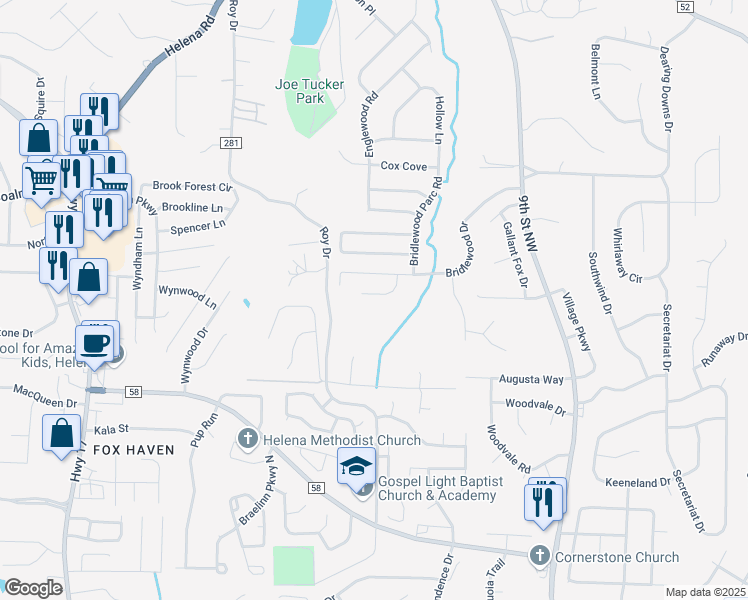 map of restaurants, bars, coffee shops, grocery stores, and more near 2613 Bridlewood Circle in Helena