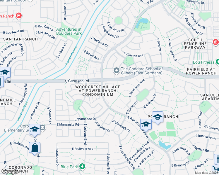 map of restaurants, bars, coffee shops, grocery stores, and more near East Germann Road in Gilbert