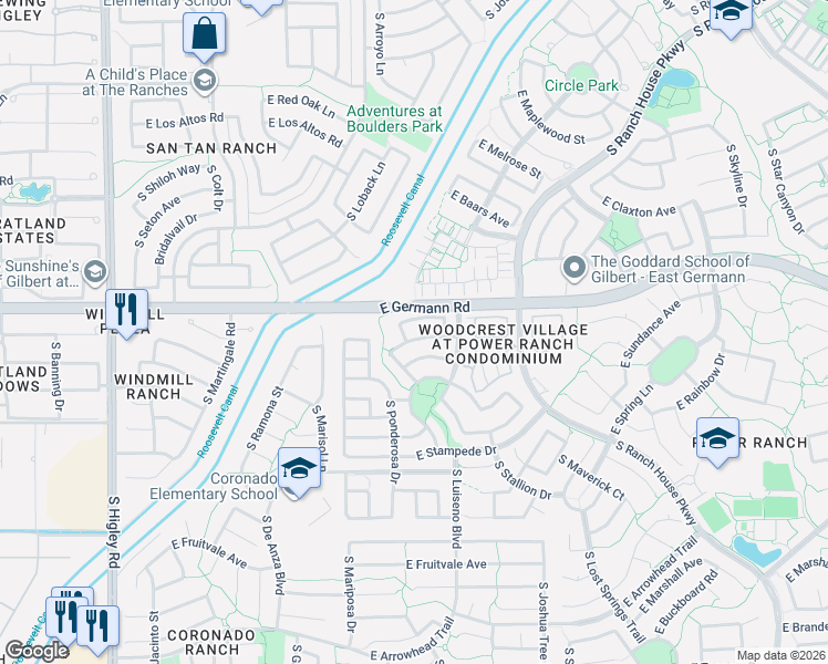 map of restaurants, bars, coffee shops, grocery stores, and more near 4040 East Flamingo Way in Gilbert