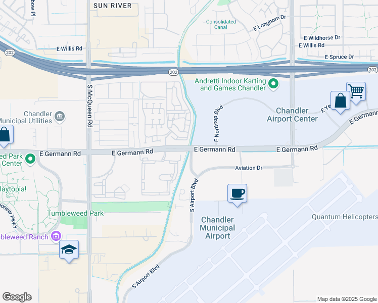 map of restaurants, bars, coffee shops, grocery stores, and more near 1424 East Germann Road in Chandler