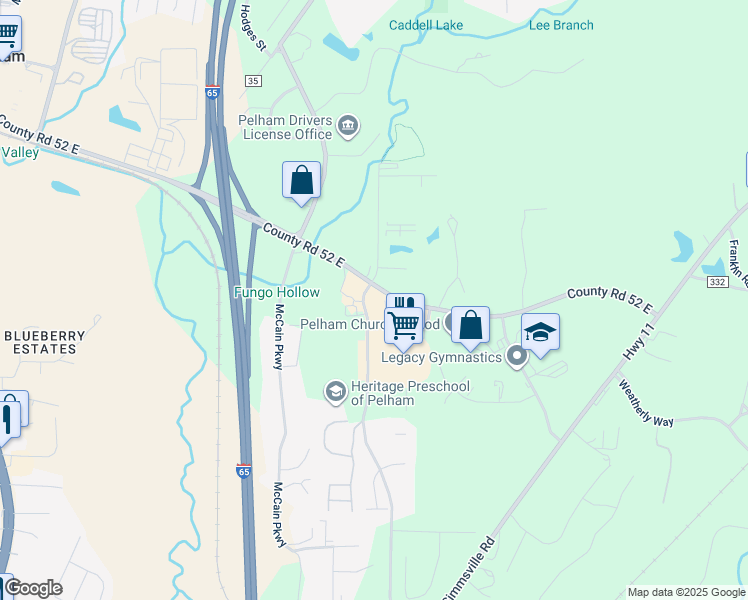 map of restaurants, bars, coffee shops, grocery stores, and more near 100 Huntley Parkway in Pelham