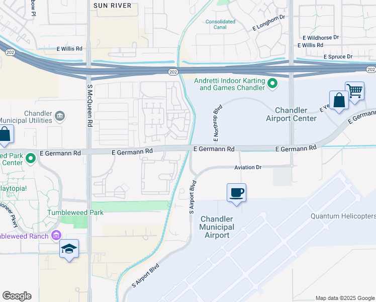 map of restaurants, bars, coffee shops, grocery stores, and more near 1424 East Germann Road in Chandler
